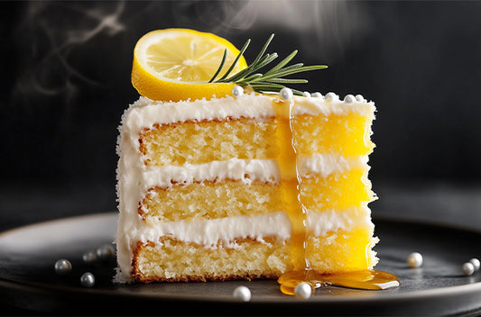 Slice of lemon cake with frosting, garnished with lemon and rosemary.