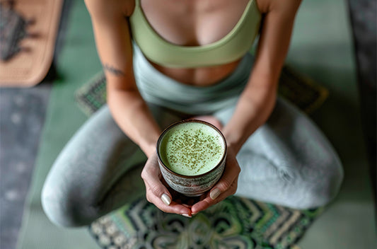 Person holding a green drink while sitting on a yoga mat.